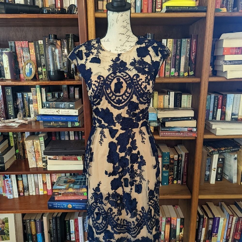 Marchesa Notte Mena Blue Embroidered Mesh Floral Overlay Cocktail Dress